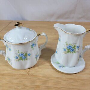 Creamer and Sugar Bowl Set, Vintage Bone China with Blue Roses & Gold Trim. #133